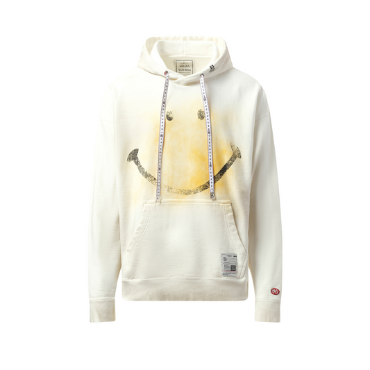 Smily Face Printed Distressed Hoodie in White