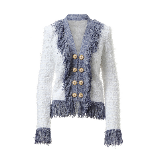 Collarless Glittered Fringed Tweed Jacket in White/Blue