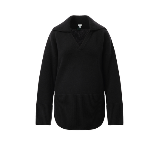 V-Neck Polo Sweater in Black