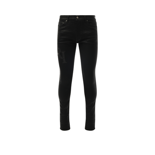 Waxed Staggered Logo Skinny Jeans in Black Wax