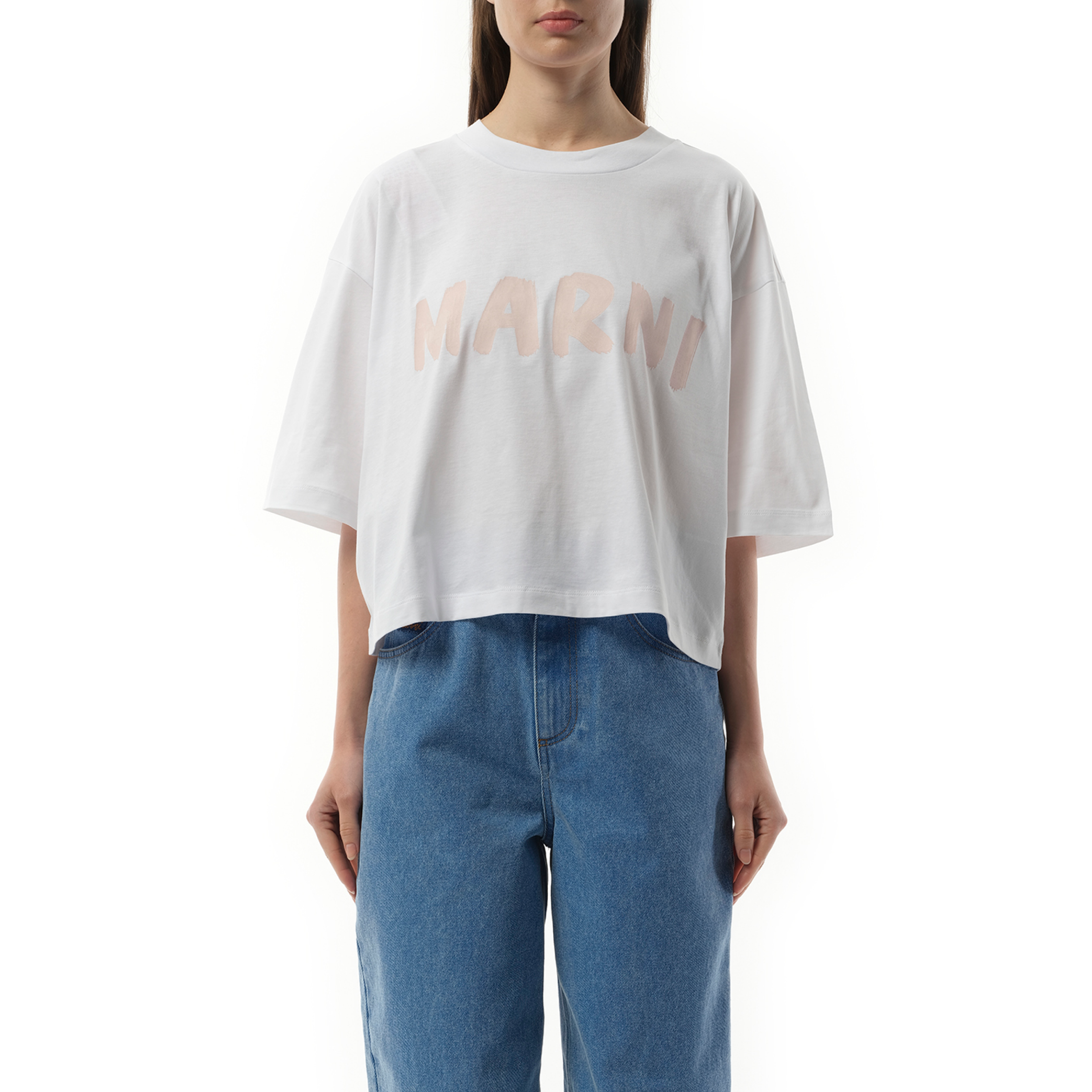 Cropped Logo T-Shirt in Lily White/Pink