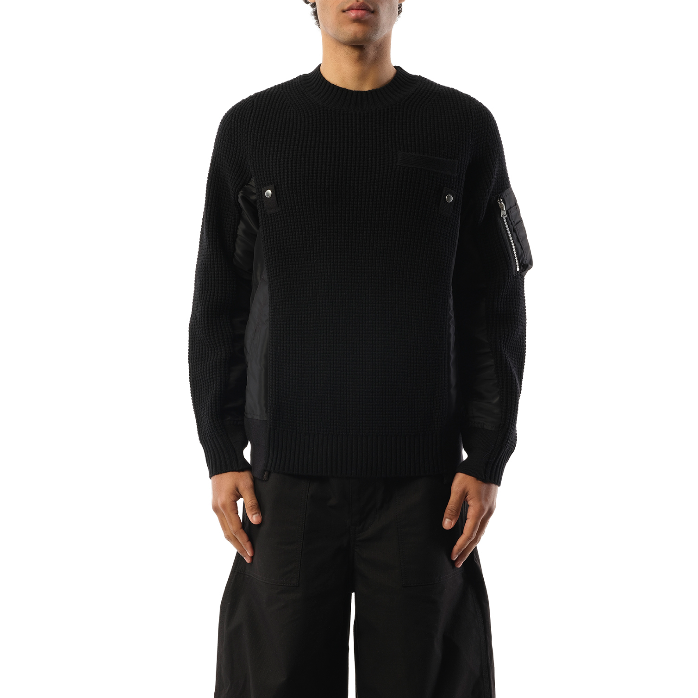 Nylon Twill x Wool Knit Pullover in Black