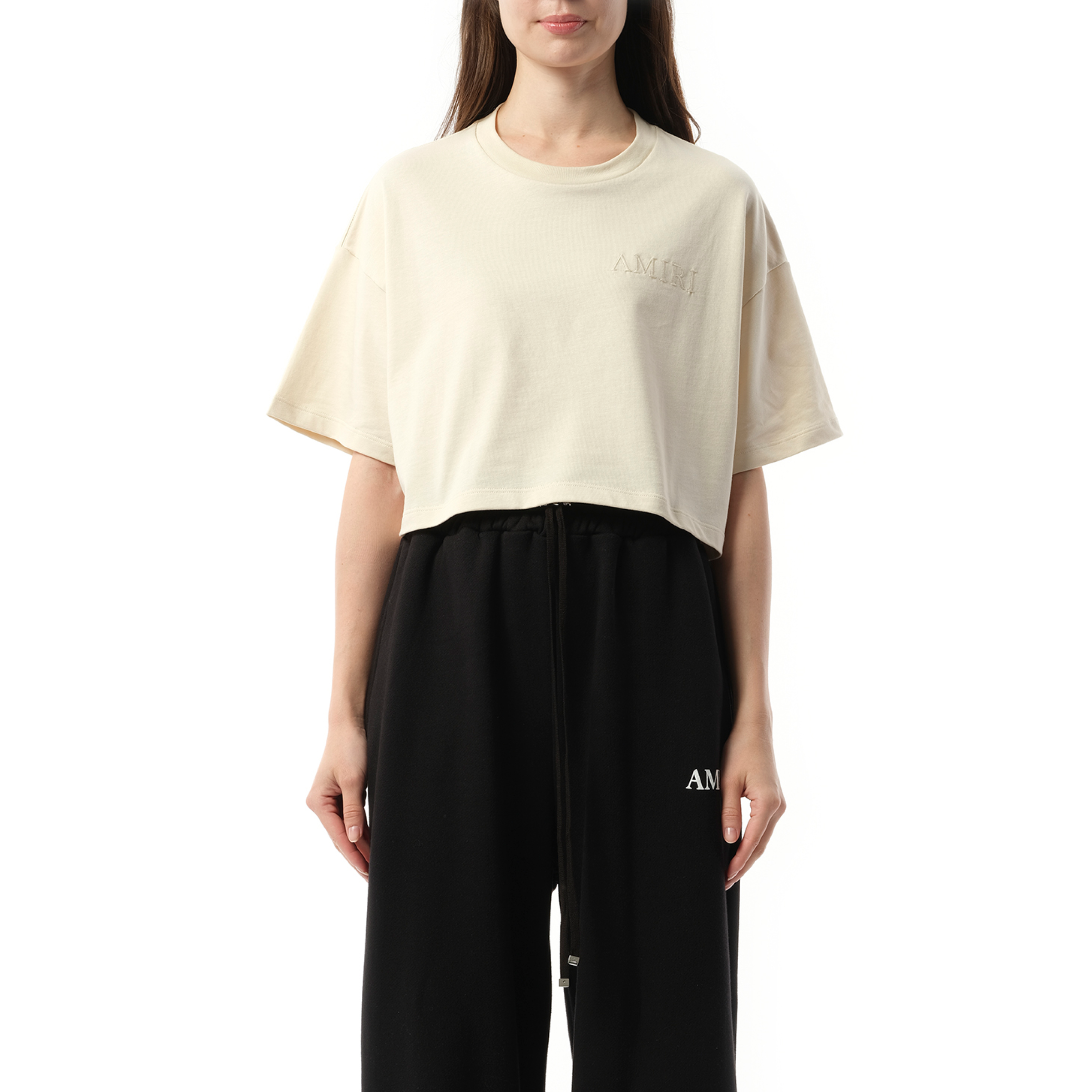 Amiri Embroidered Cropped T-Shirt in Alabaster