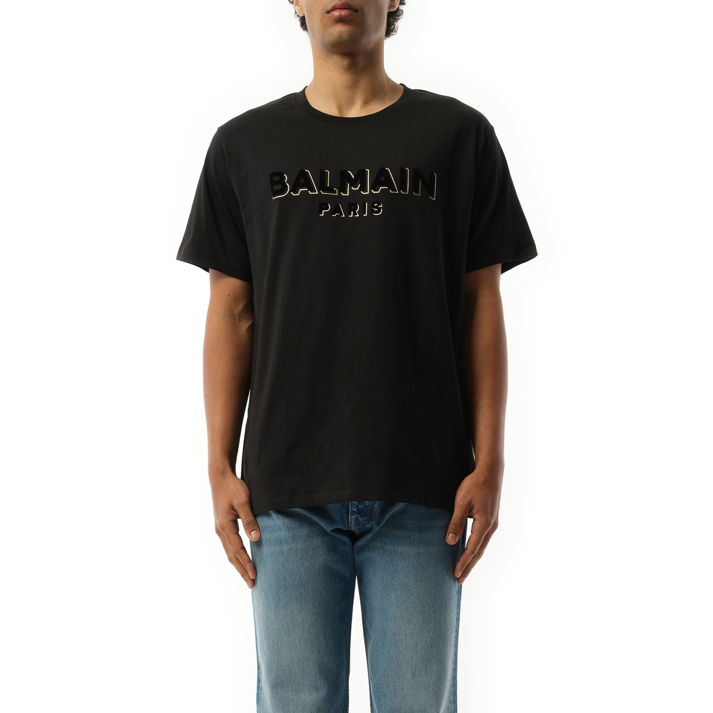 Balmain Flock 
Foil T-Shirt in Black/Gold