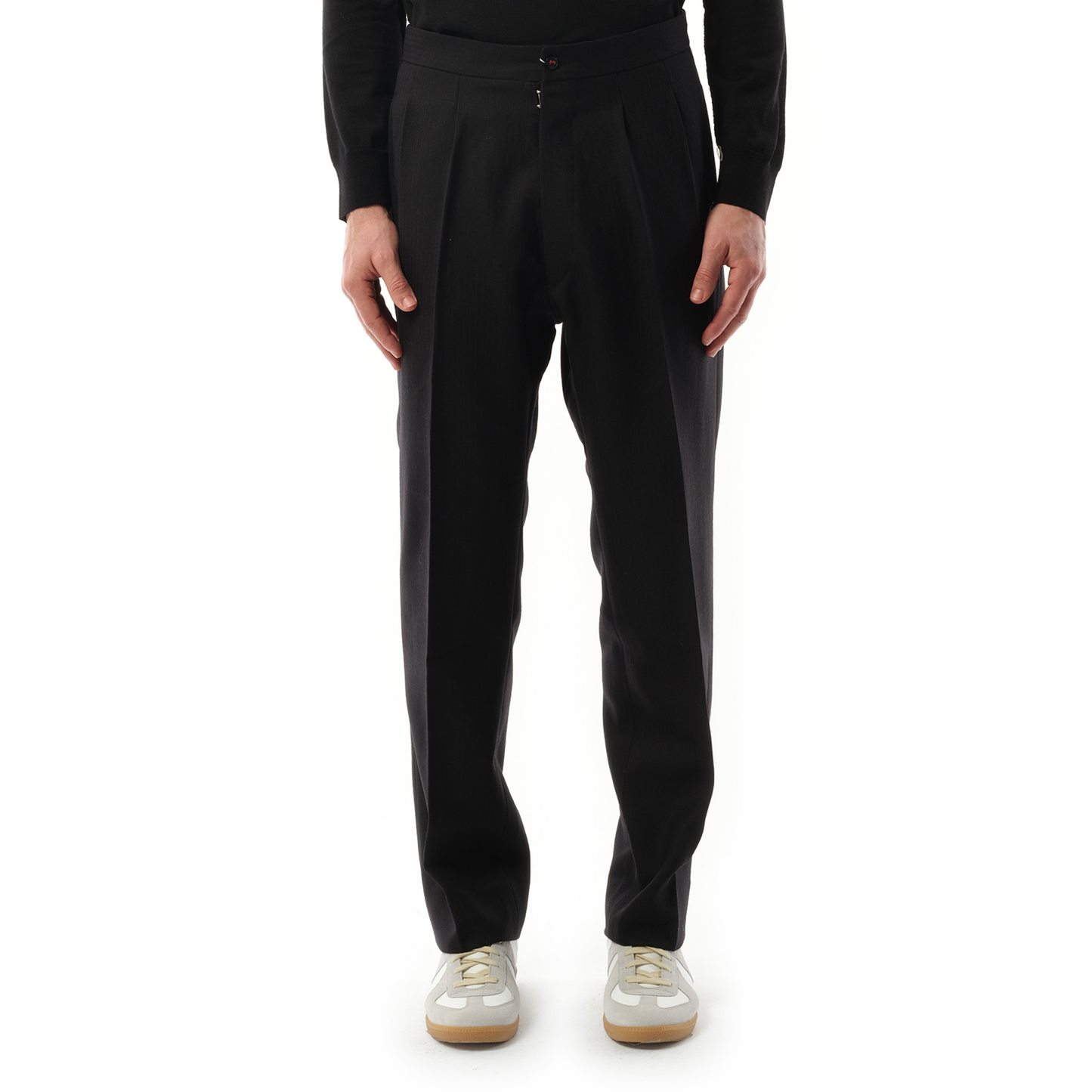 Wool Herringbone Pants in Black