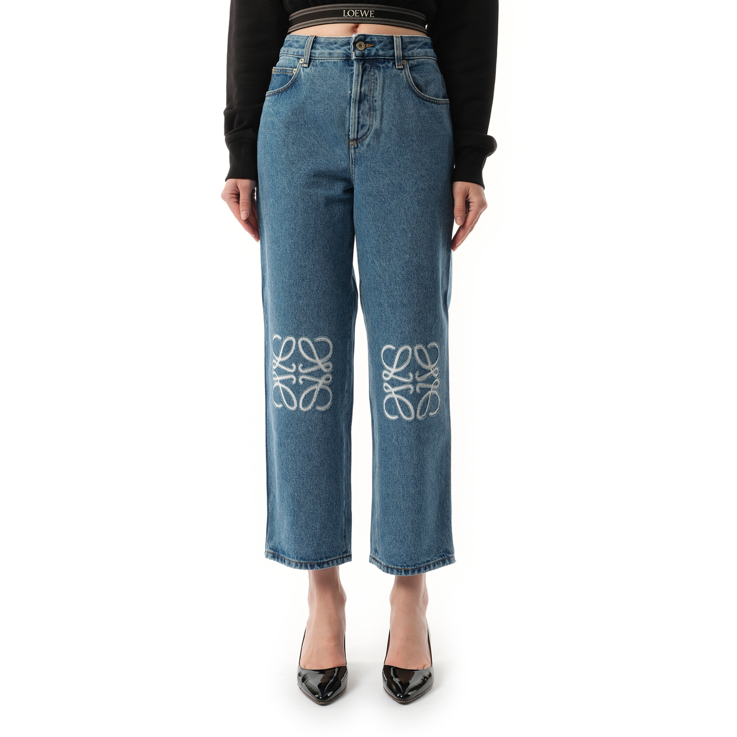 Anagram Cropped Jeans in Mid Blue