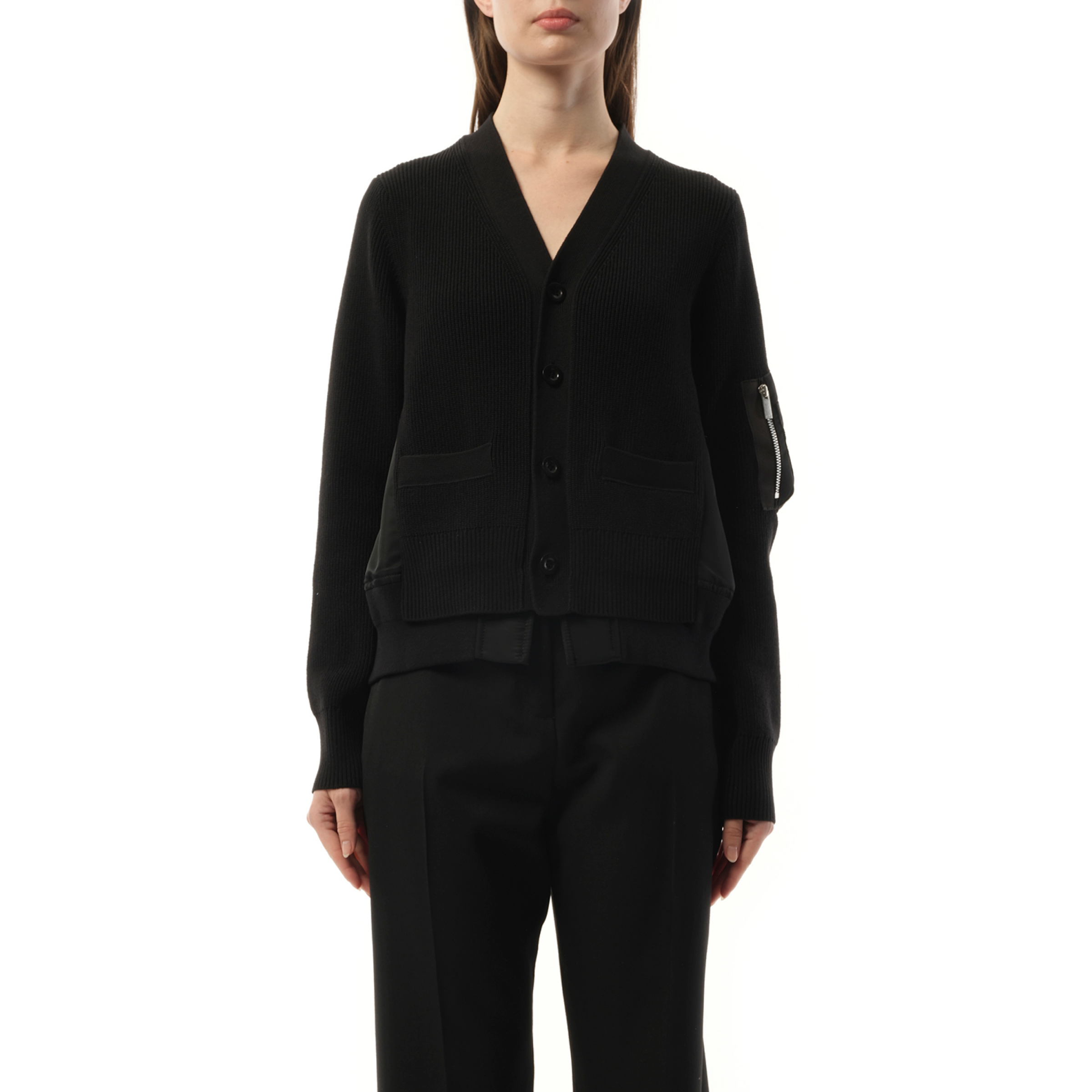 Nylon Twill Knit Cardigan in Black