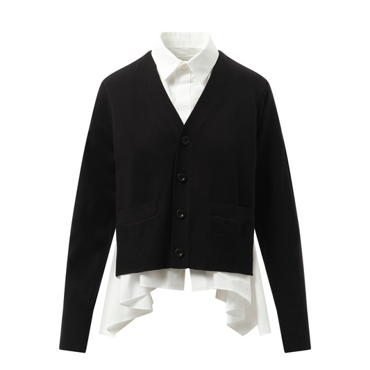 Cotton Poplin x Knit Cardigan in Black/Off White