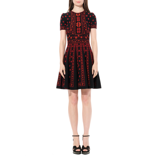 Flower Jacquard Dress in Black/Red