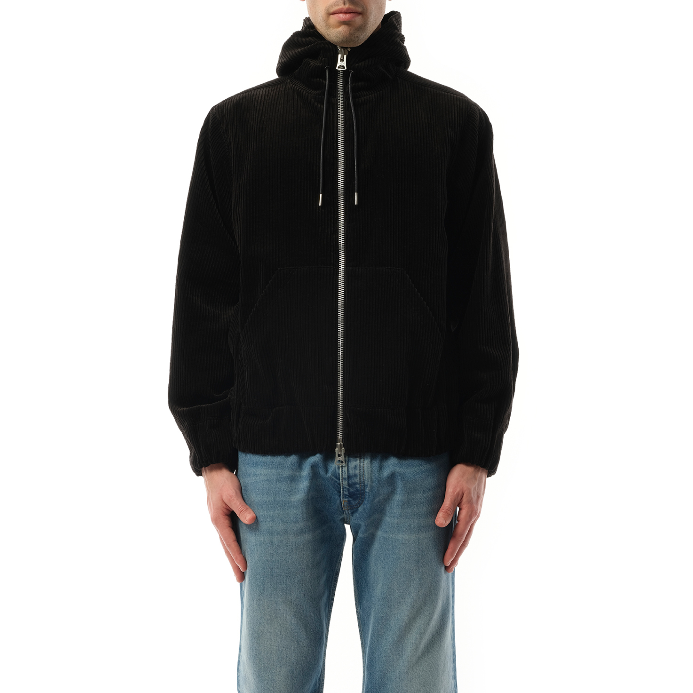 Corduroy Zip-Up Hoodie in Black