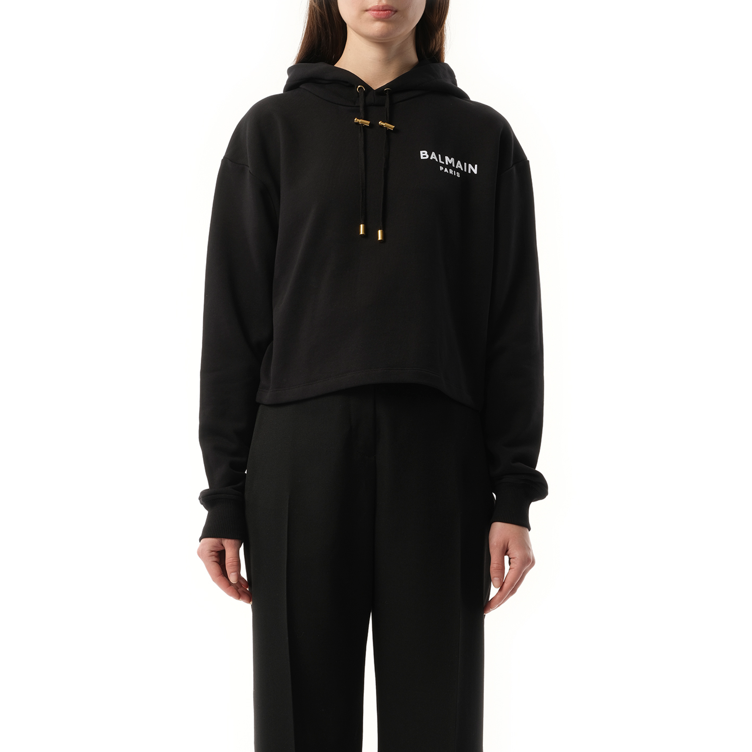 Balmain Flock Detail Cropped Hoodie in Black/White