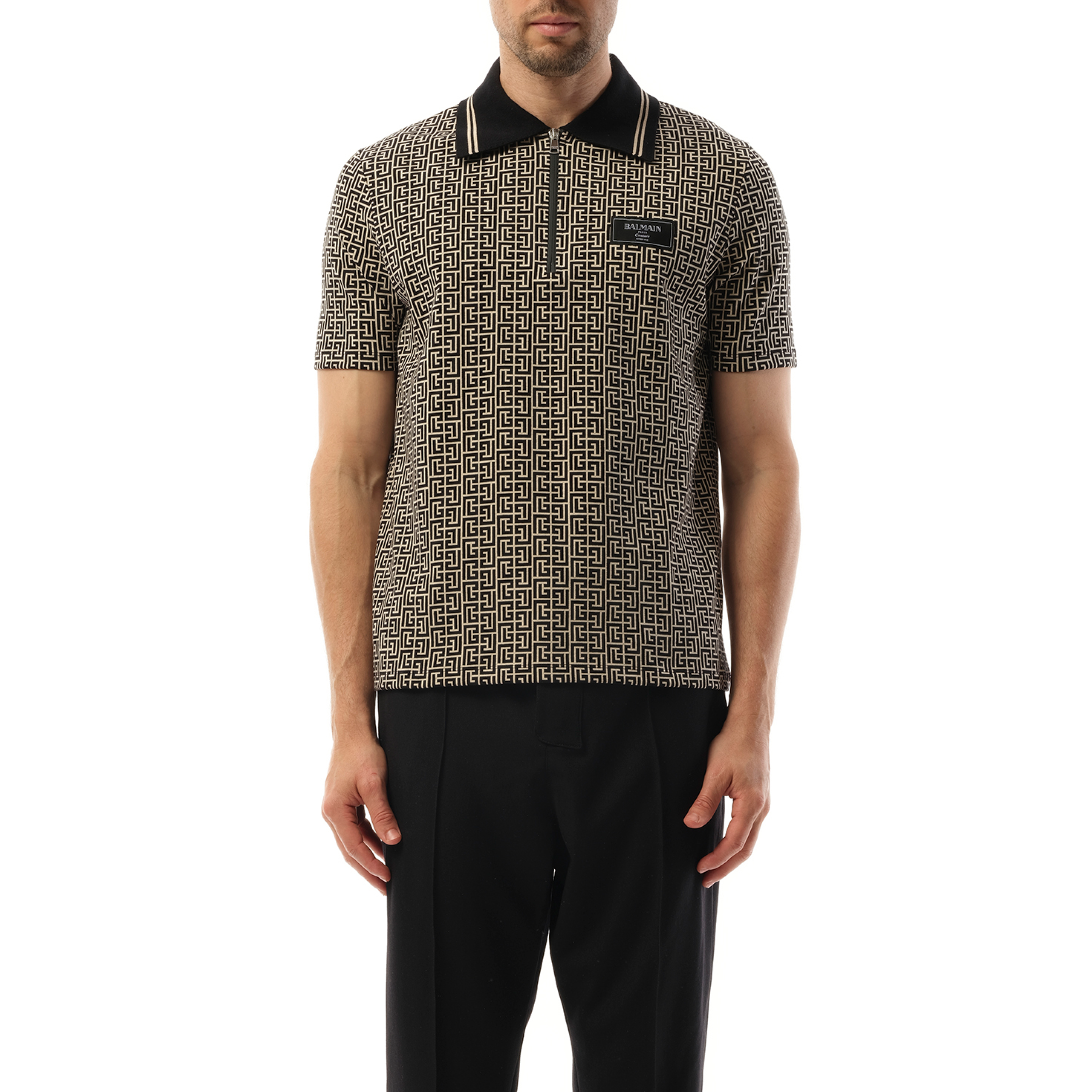 Monogram Couture Label Zipped Polo in Ivory/Black