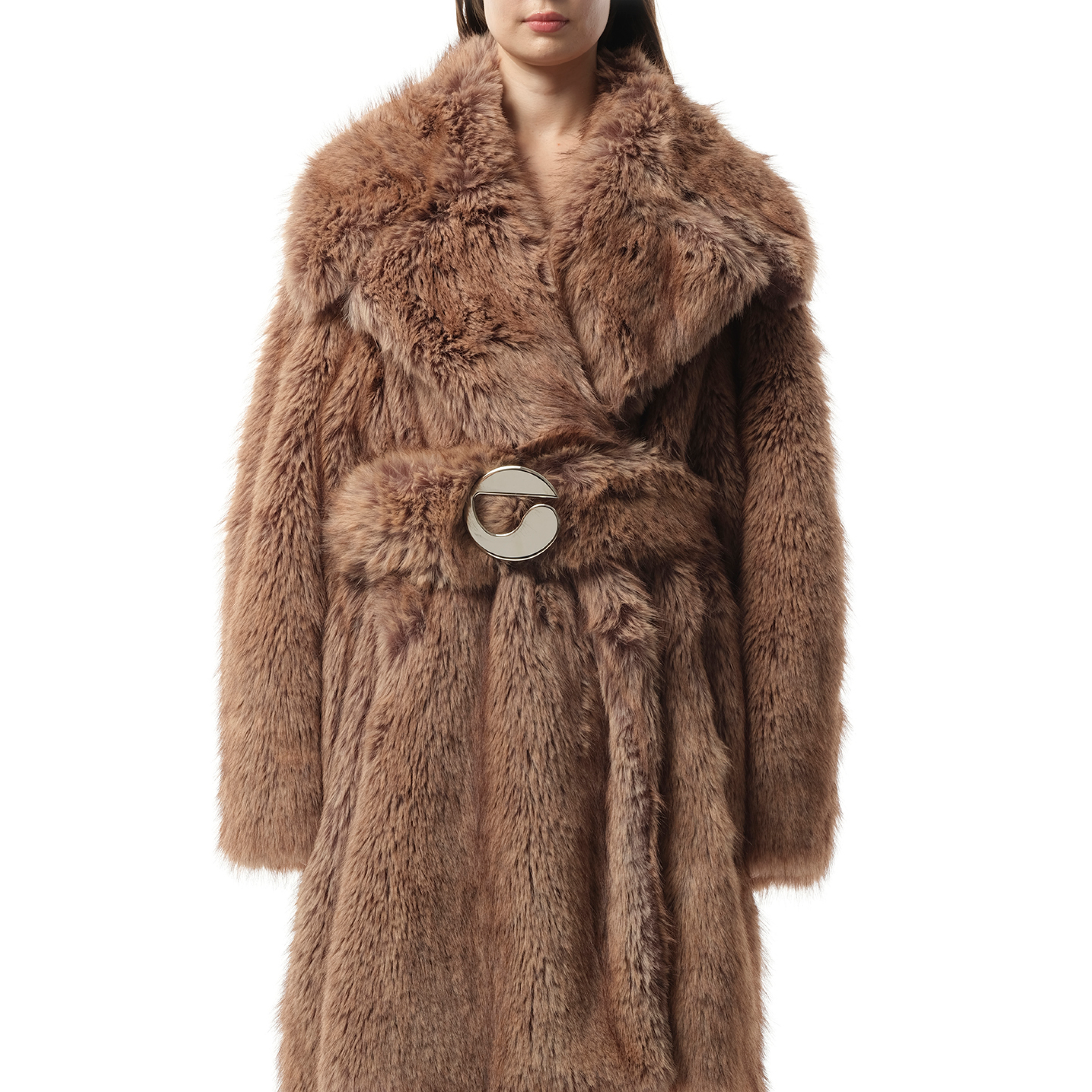 Fur Oversized Belted Coat in Brown