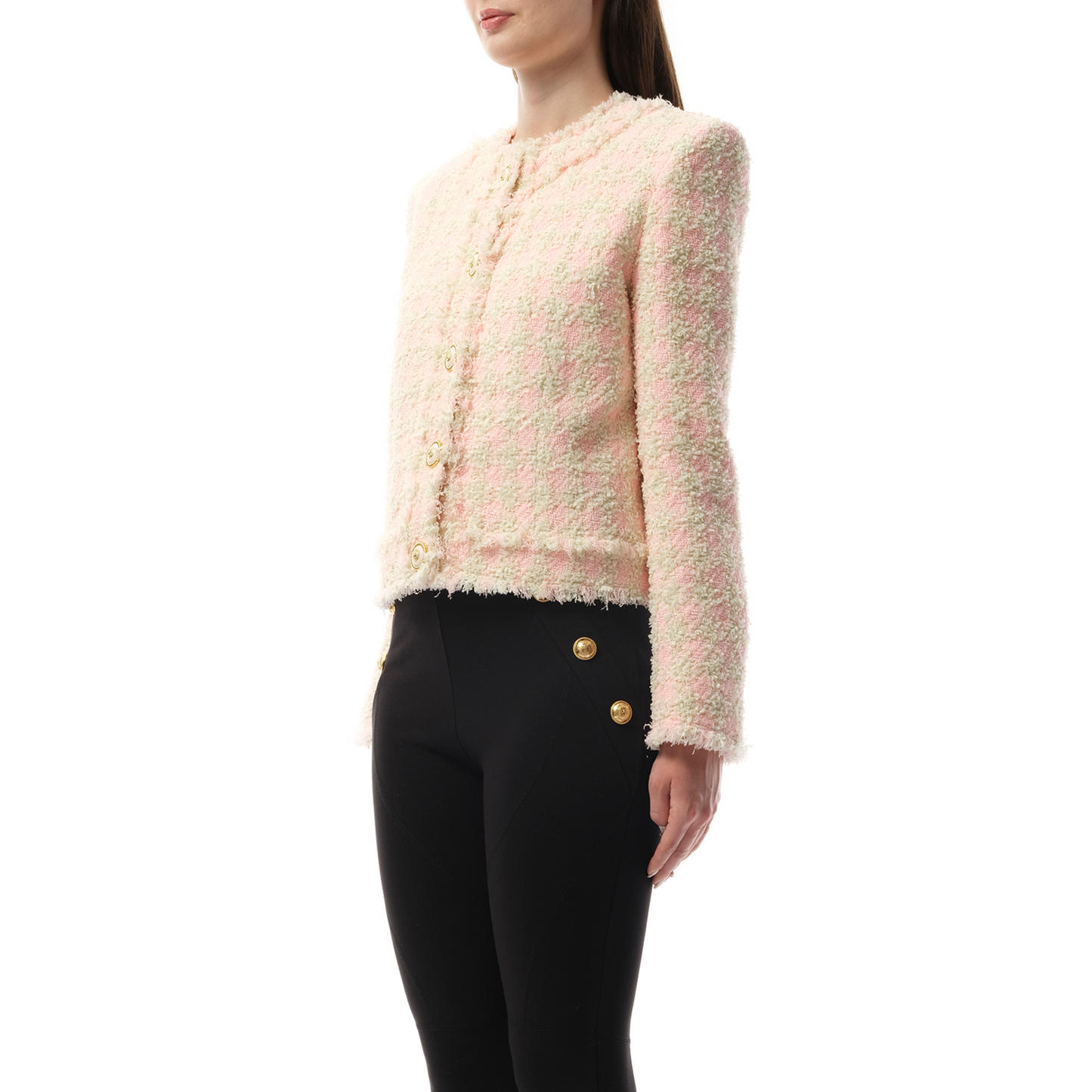 5 Button Collarless Tweed Jacket in Rose/Beige