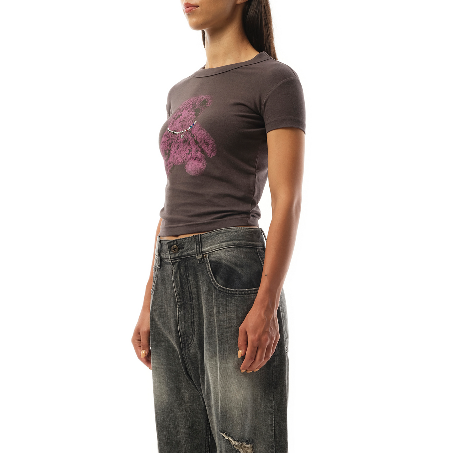 Womens Studded Bear Cropped T-Shirt in Charcoal