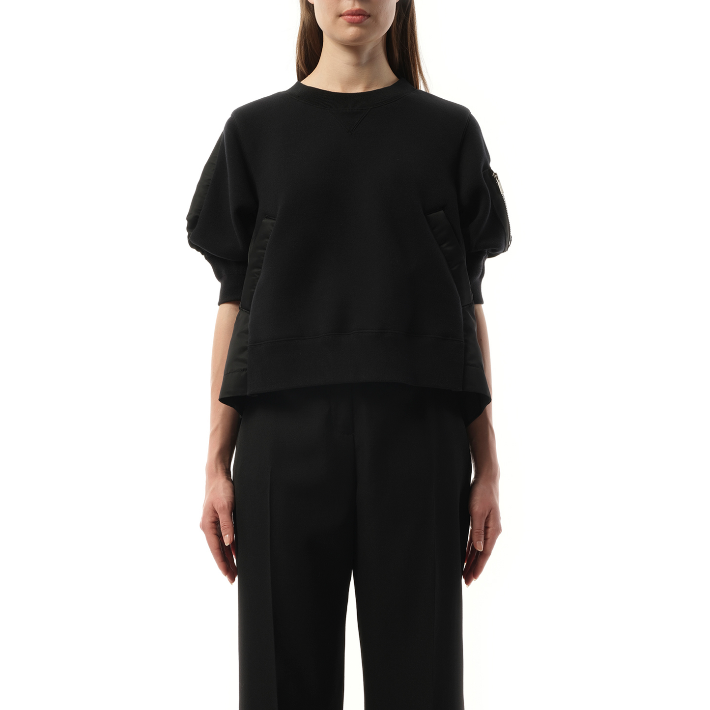 Short Sleeve Nylon Twill x Sponge Sweat Pullover in Black