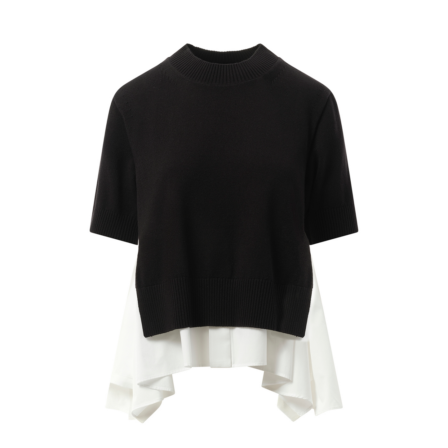 Cotton Poplin x Knit Pullover in Black/Off White