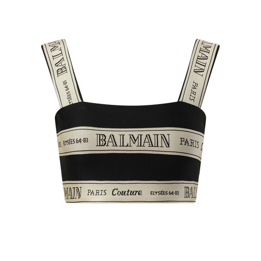 Striped Balmain Jacquard Crop Top in Black/Beige