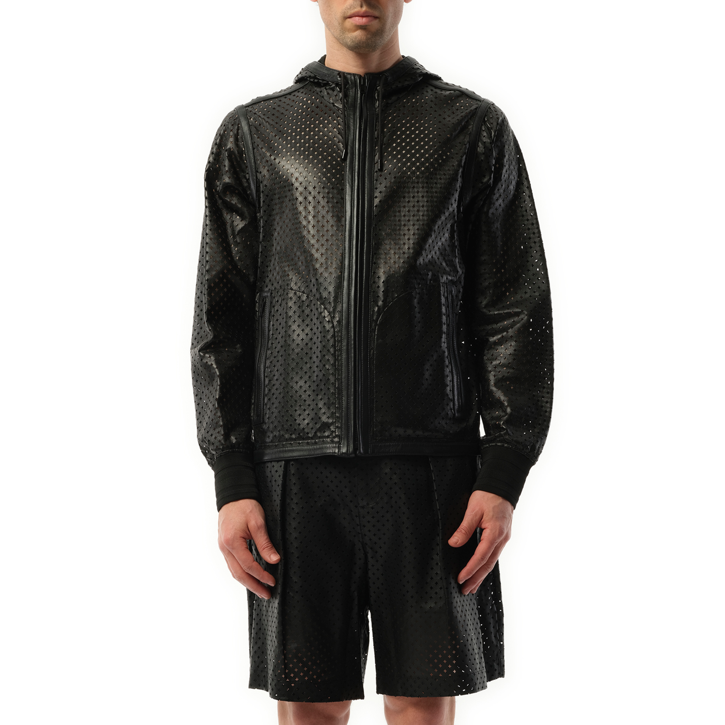 Leather Hooded Jacket in Black