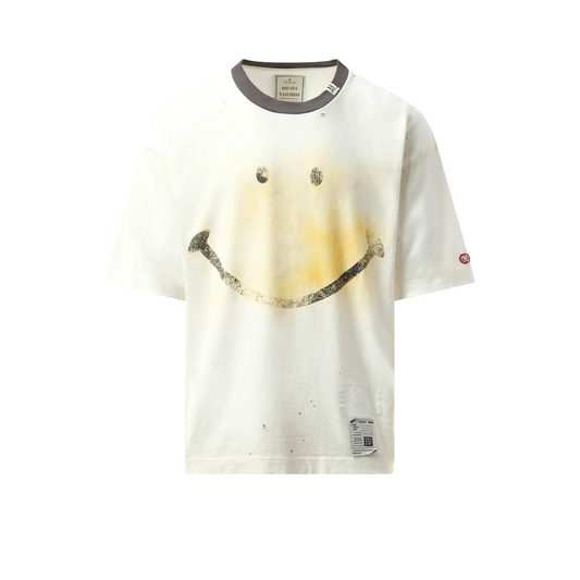 Smily Face Printed Distressed T-Shirt in White