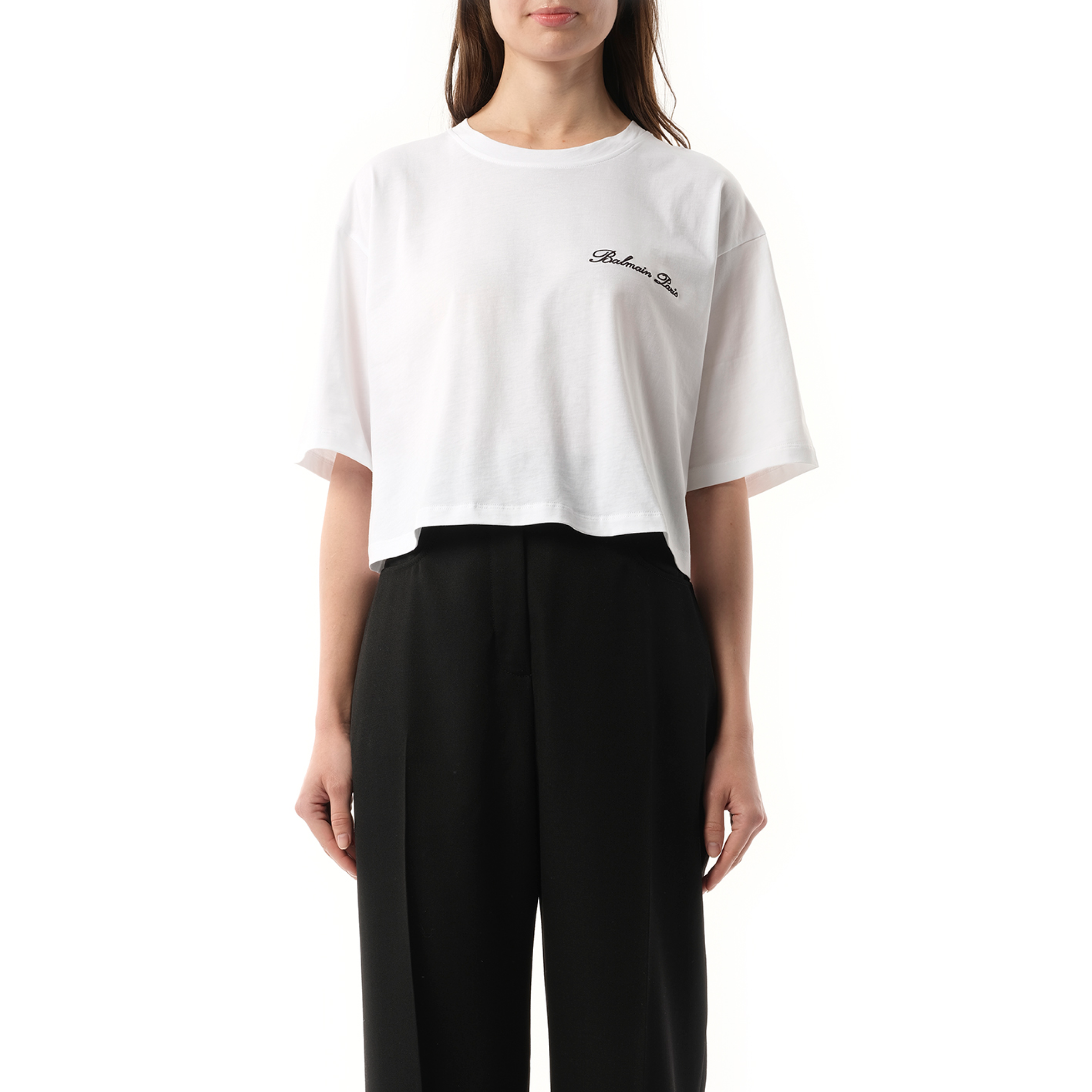 Balmain Signatured Embroidered Crop Top in White/Black