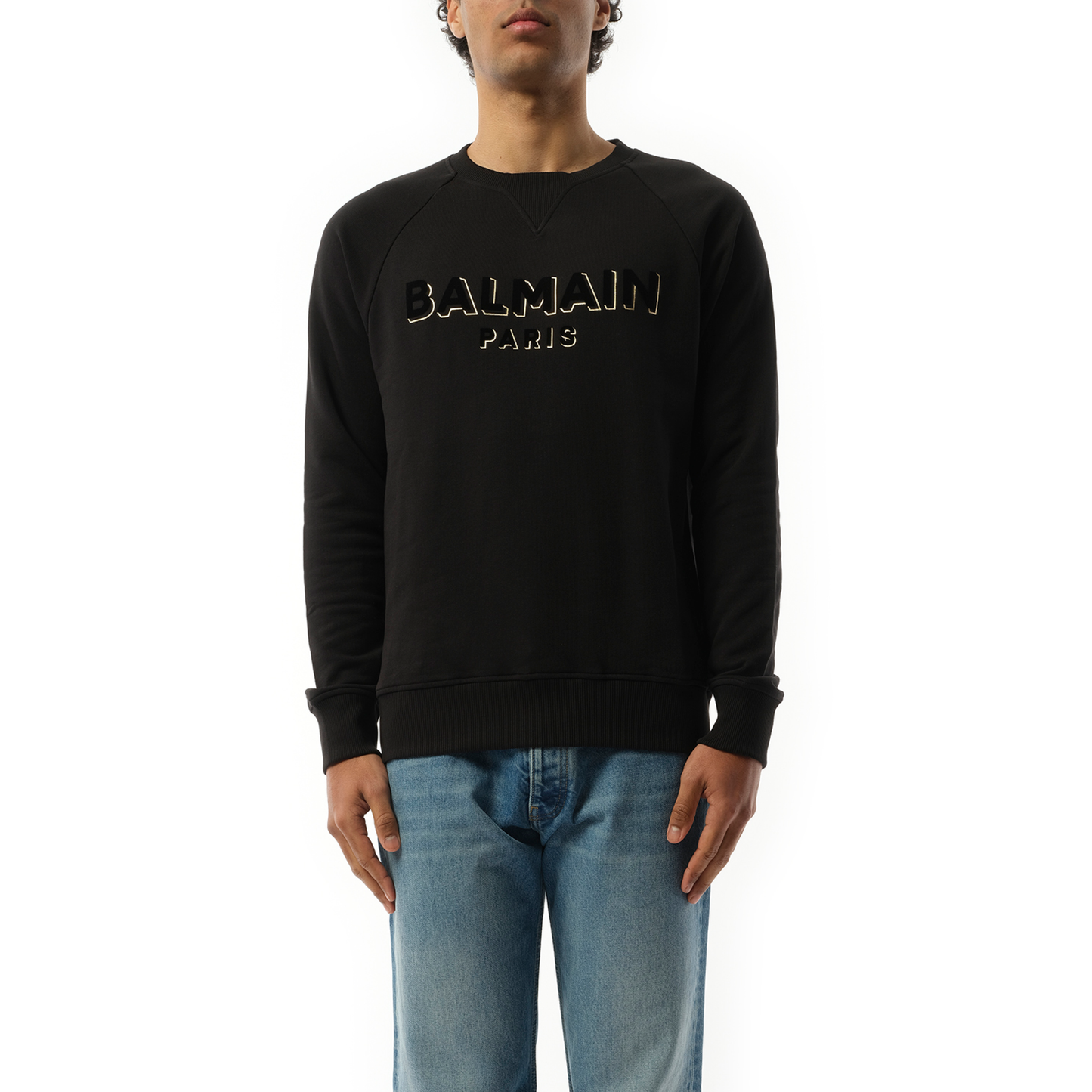 Balmain Flock 
Foil Crewneck in Black/Gold