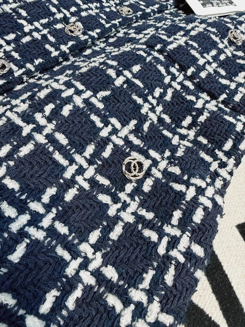 Chanel 23B Navy Blue Check Tweed Dress