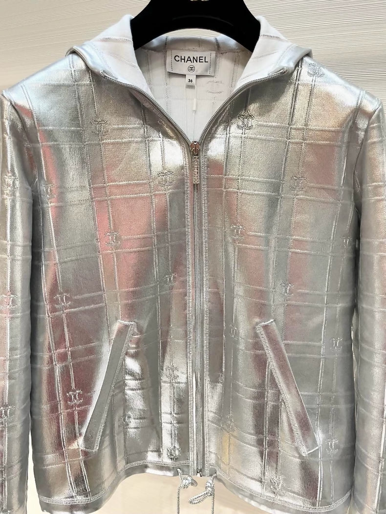 Chanel F36, 25C silver tech-inspired hooded zip-up jacket