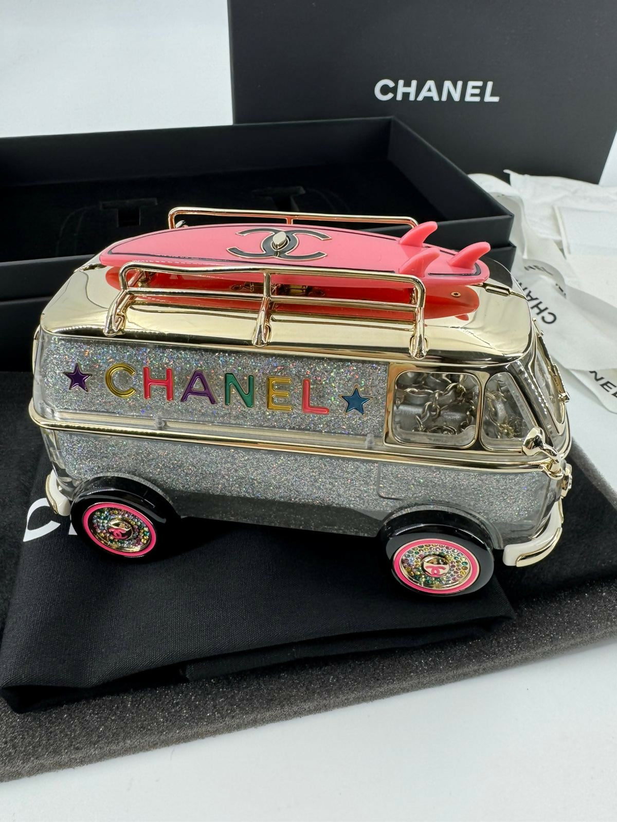 Chanel 2024 Glitter Lucite, Multicolor Rhinestone & Enamel Hollywood Mini Van