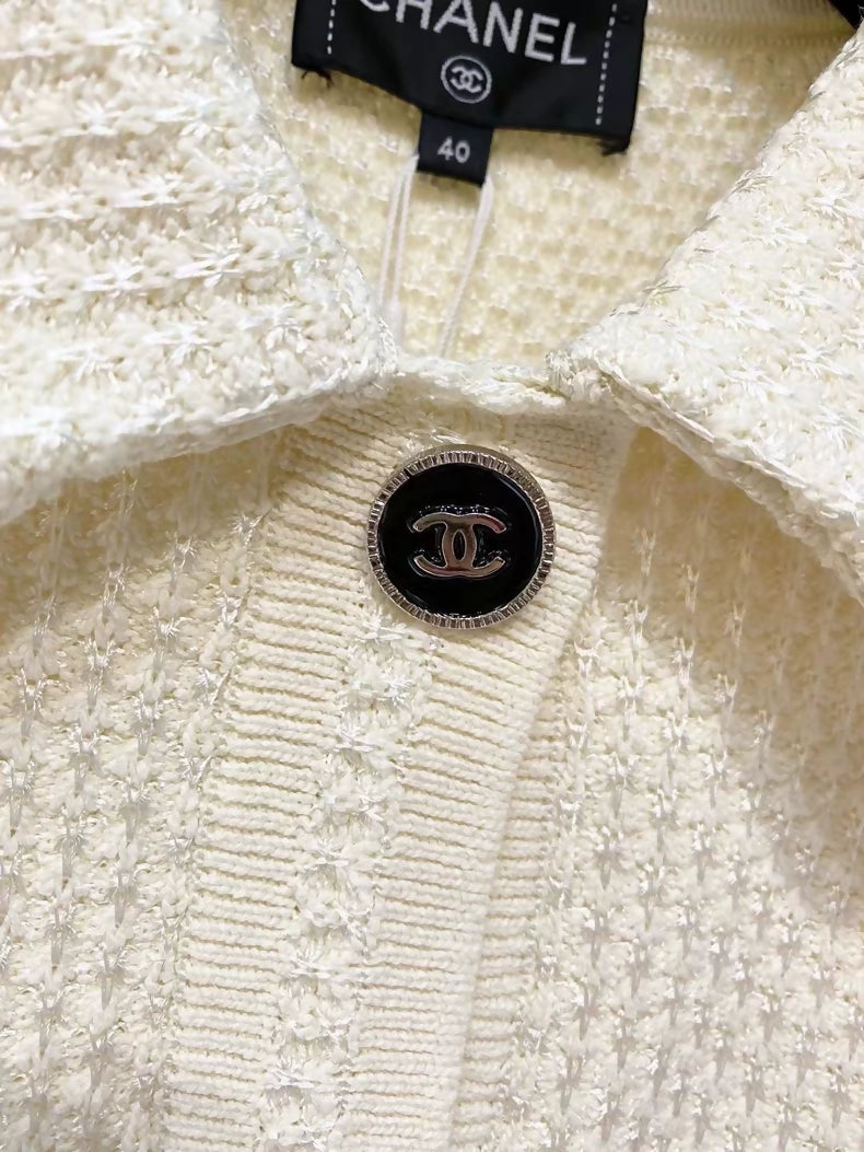 Chanel 24P ecru & black knit polo cardigan