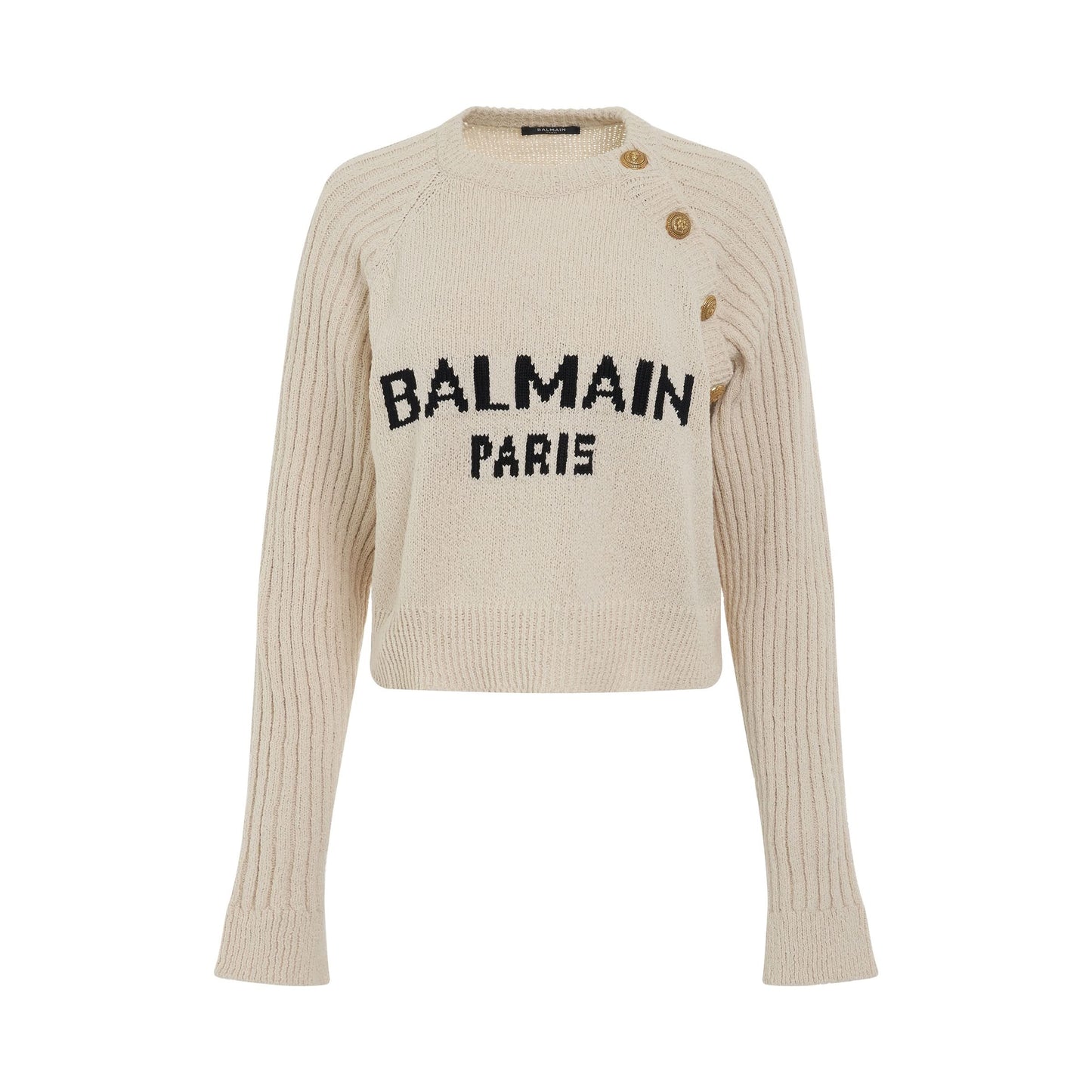 4 Button Cropped Knit Pullover in Natural/Black