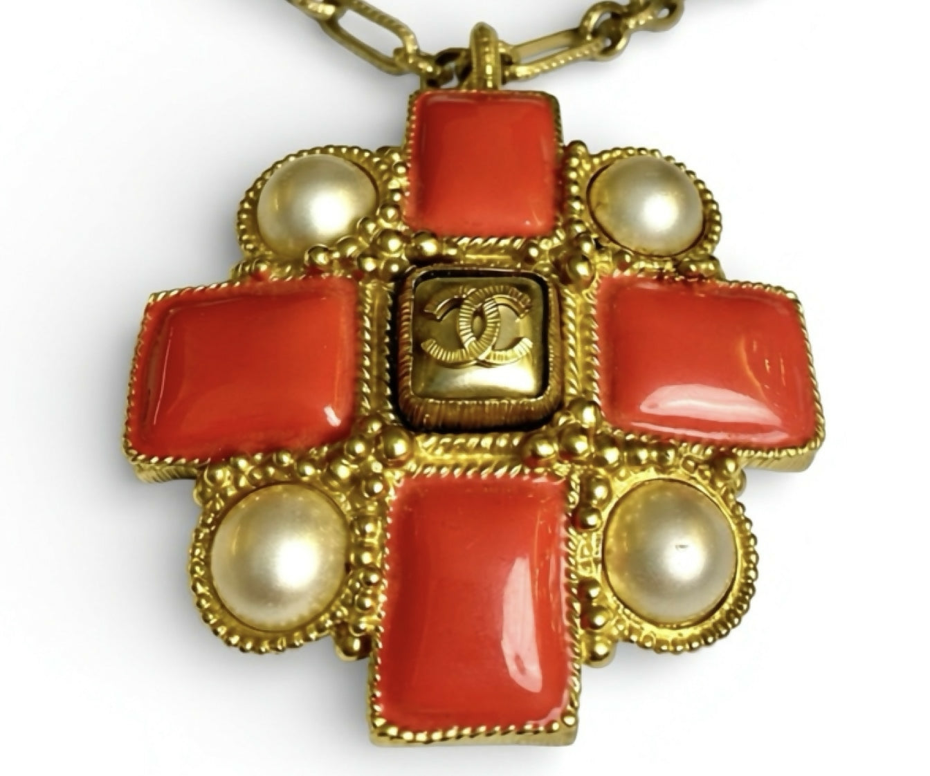 Chanel 13S XL CC Medallion Pendant Pink Coral Gripoix Pearl Gold Statement Necklace