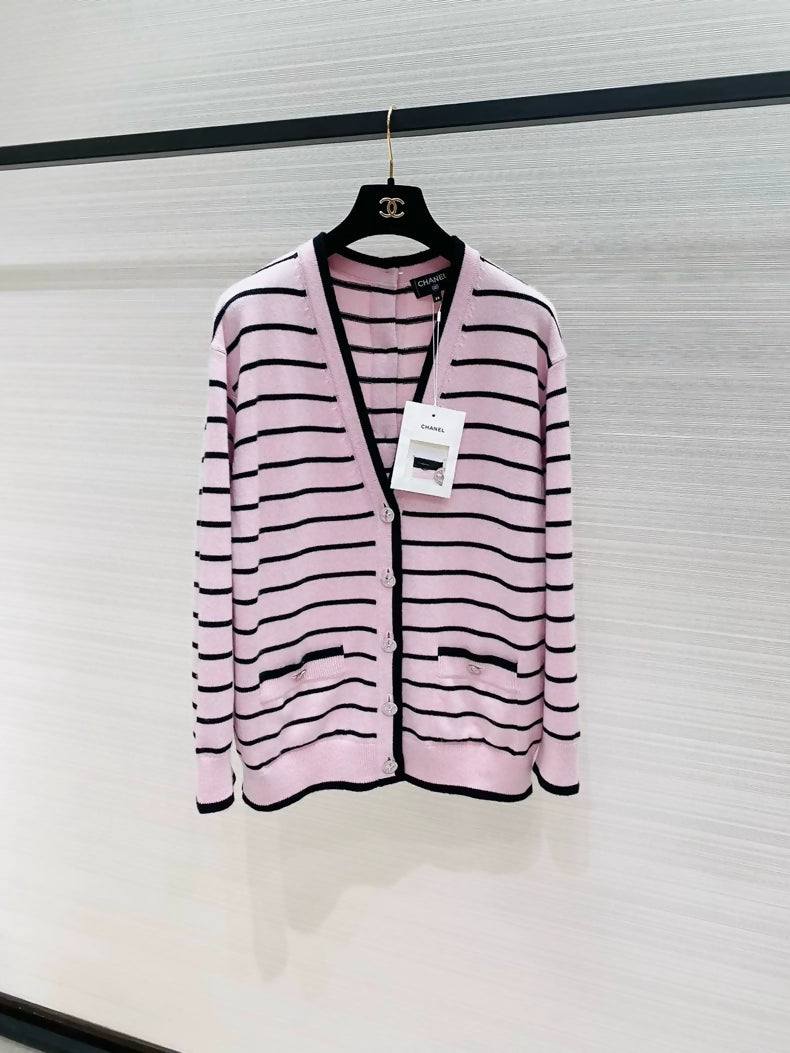 Chanel 25SS Pink and Black Striped Cashmere Cardigan