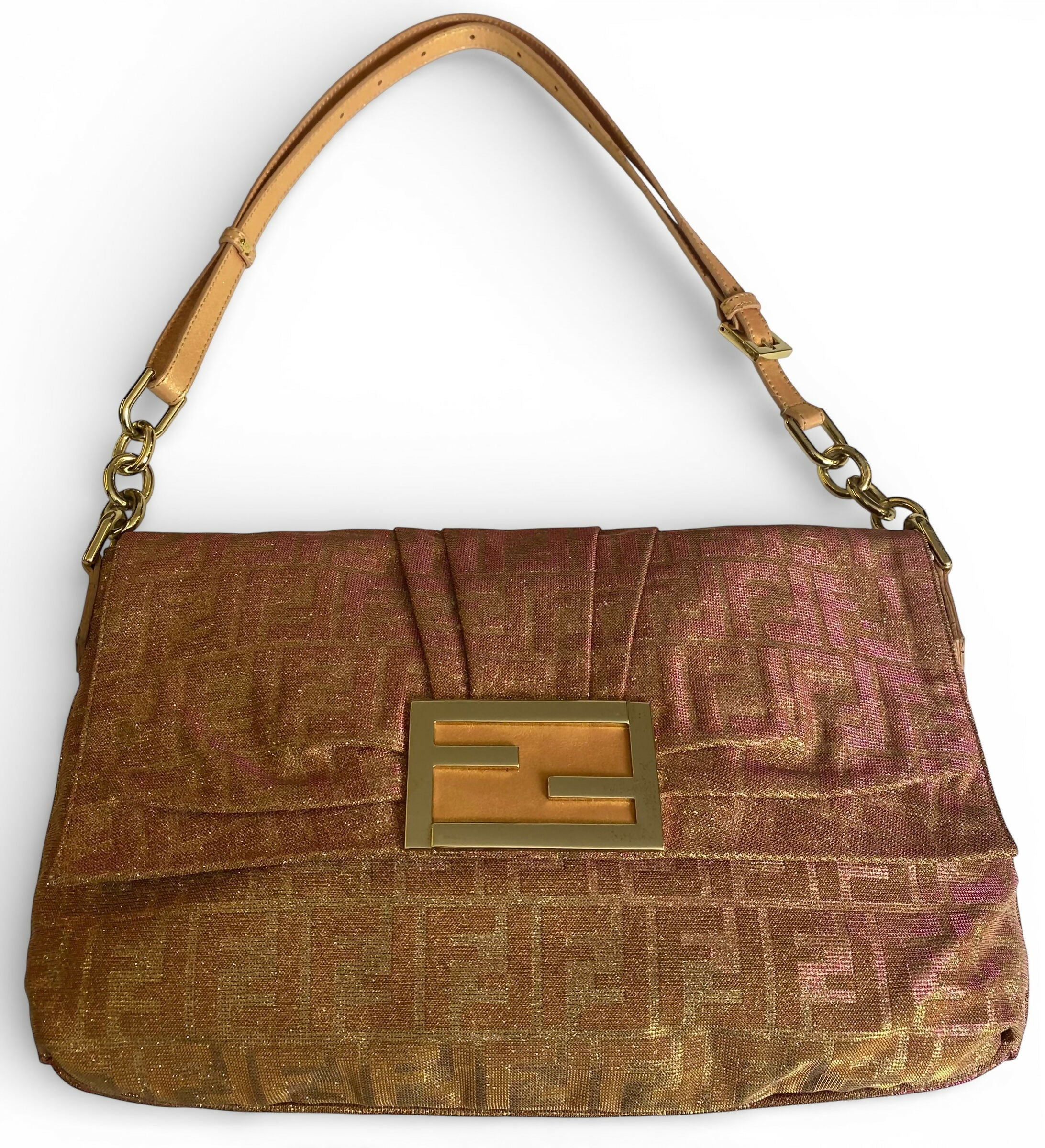 Limited Edition Fendi Zucca Baguette Metallic Pink Gold Iridescent Large Mia Bag