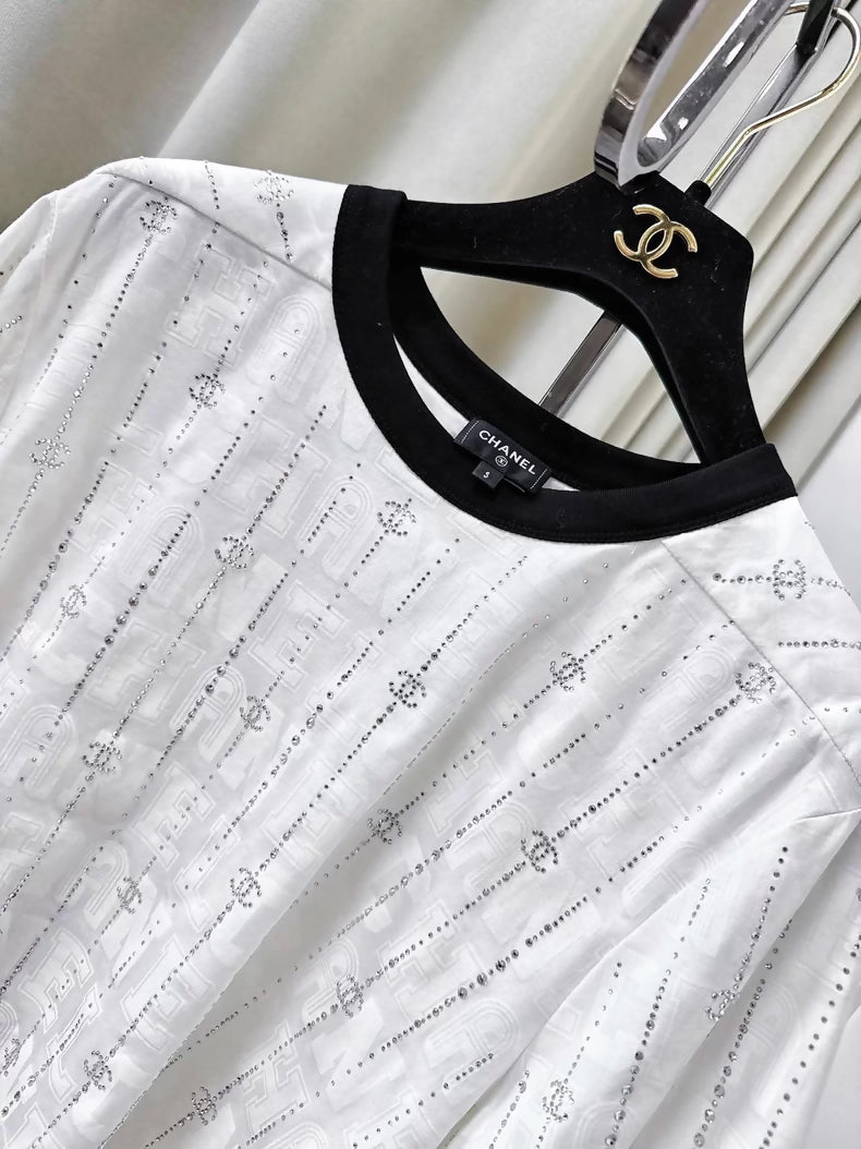 Chanel 23C white T-shirt with all-over rhinestone double C logo