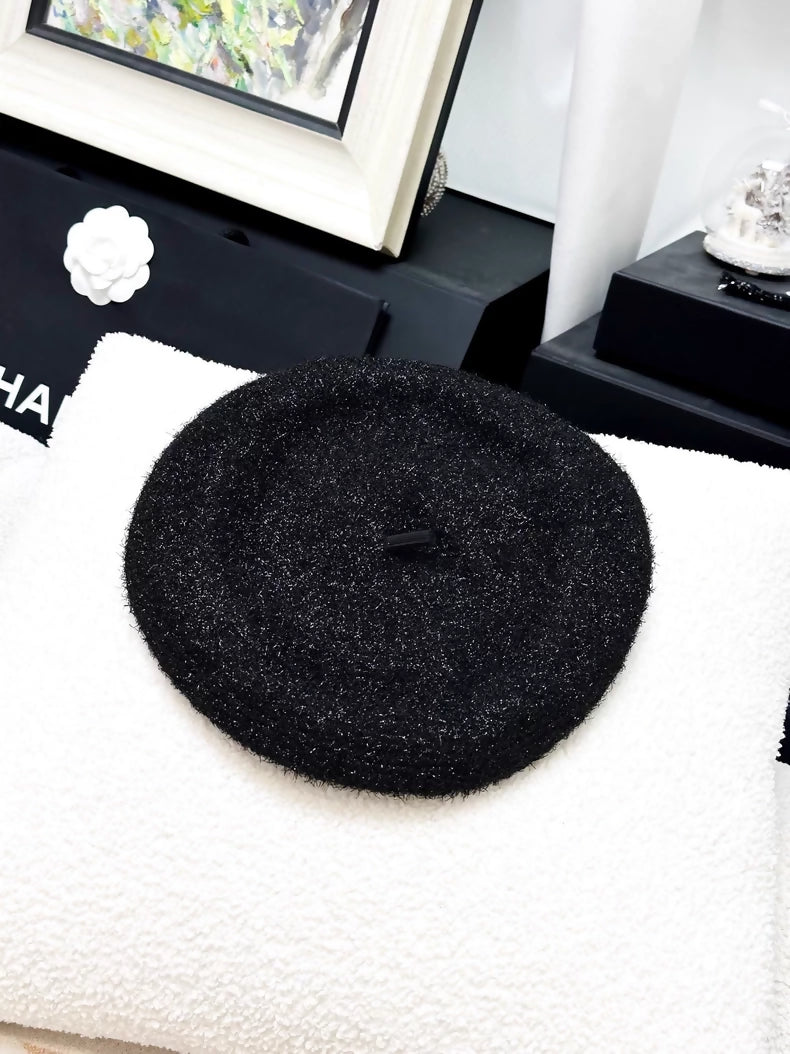 Chanel 21B black beret with silver shimmer and double C logo