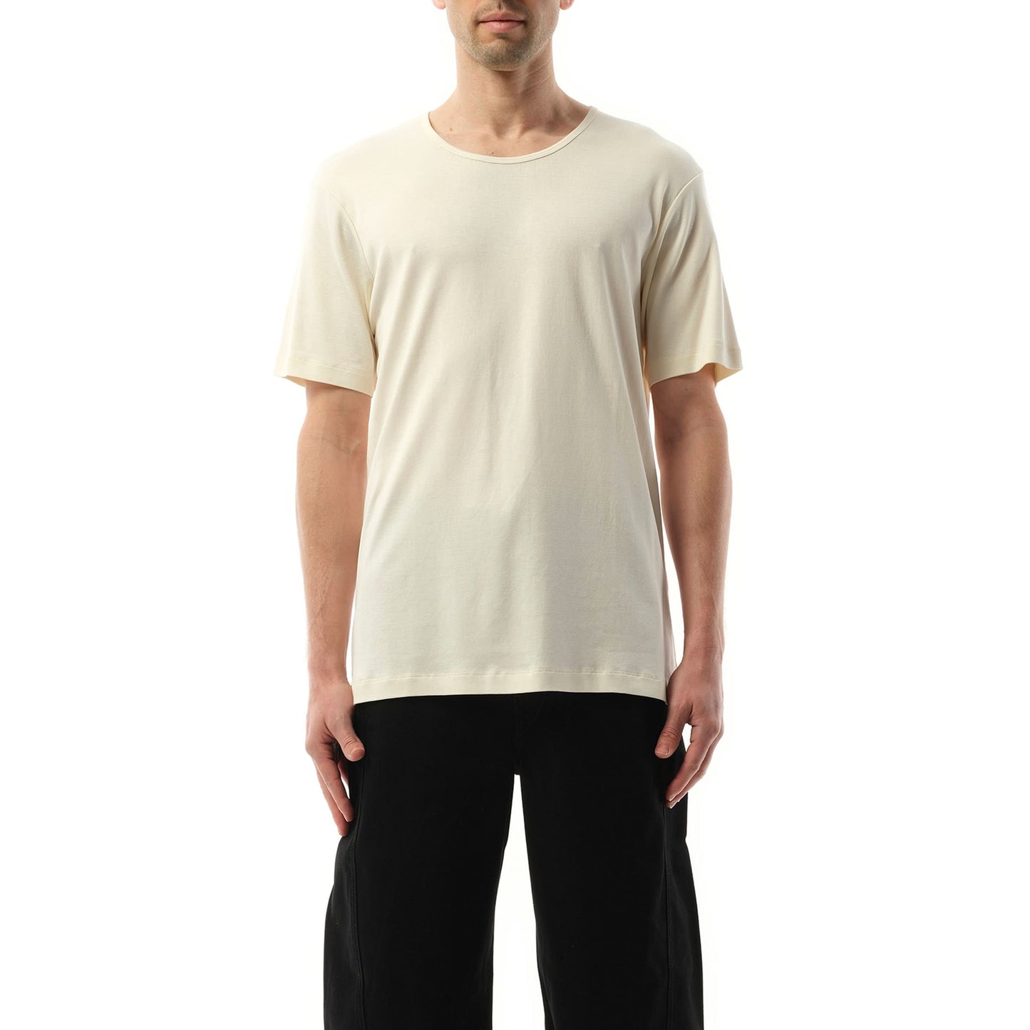 Rib U Neck T-Shirt in Light Cream