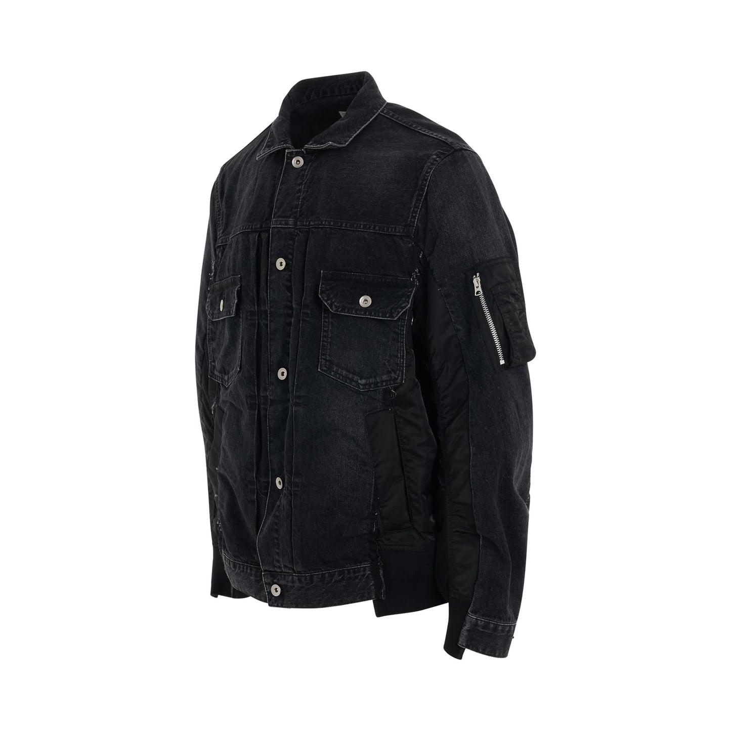 Denim x Nylon Twill Bomber Jacket in Black