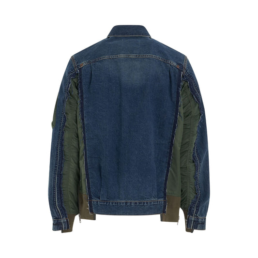 Denim x Nylon Twill Bomber Jacket in Blue