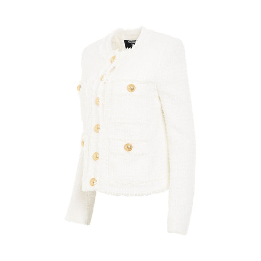 Collarless 4 Pockets Tweed Jacket in White