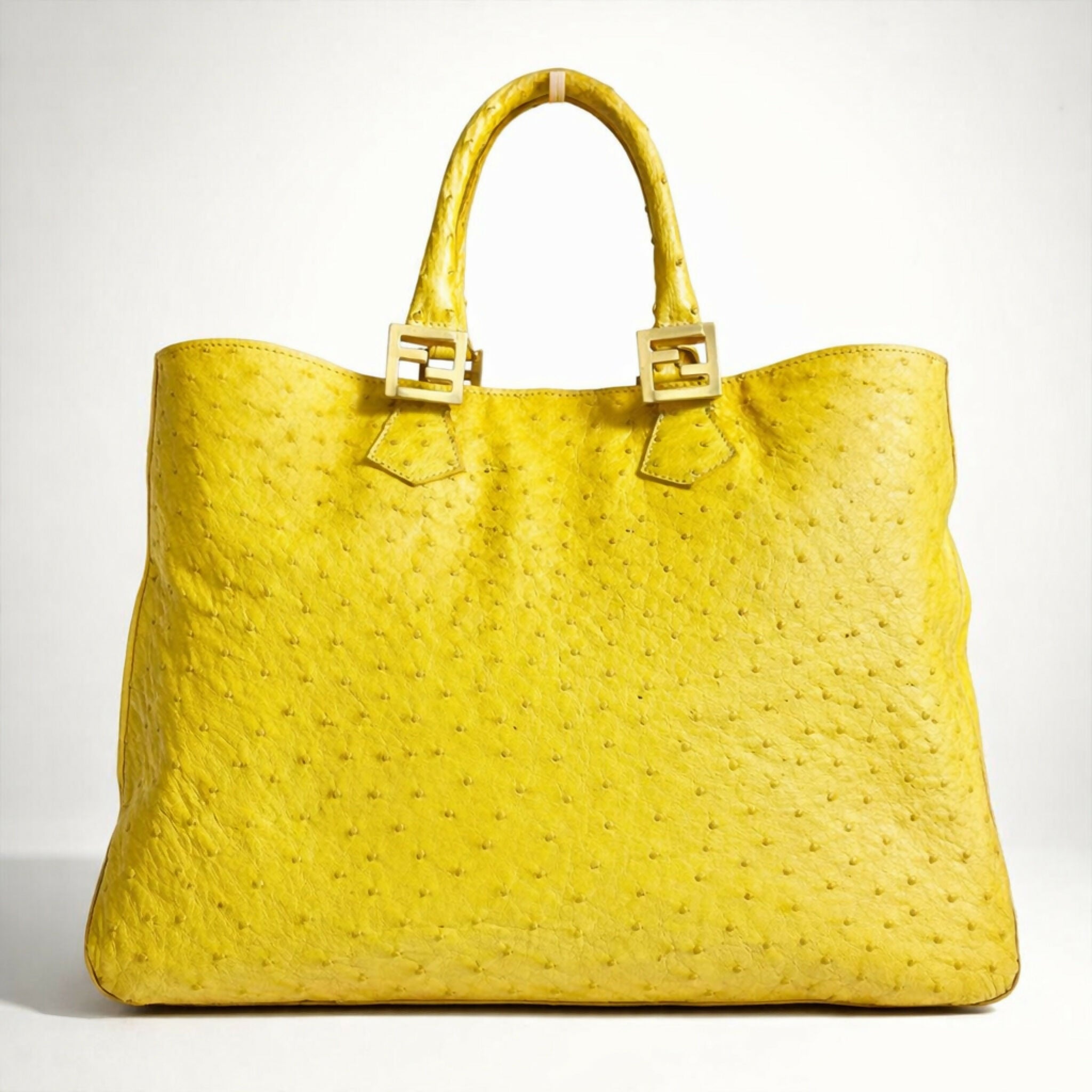 Rare Fendi Vintage Yellow Ostrich Twins Tote Gold Hardware