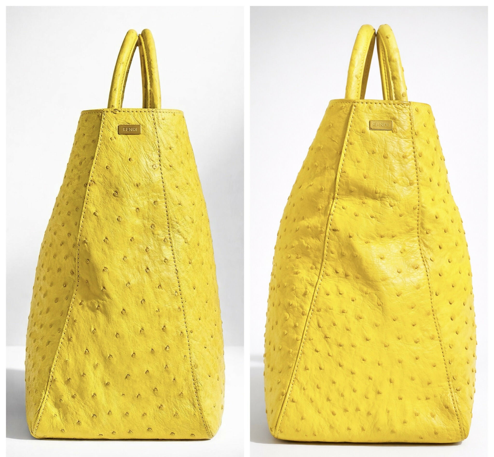 Rare Fendi Vintage Yellow Ostrich Twins Tote Gold Hardware