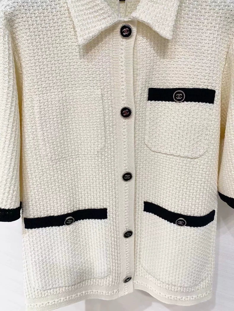 Chanel 24P ecru & black knit polo cardigan