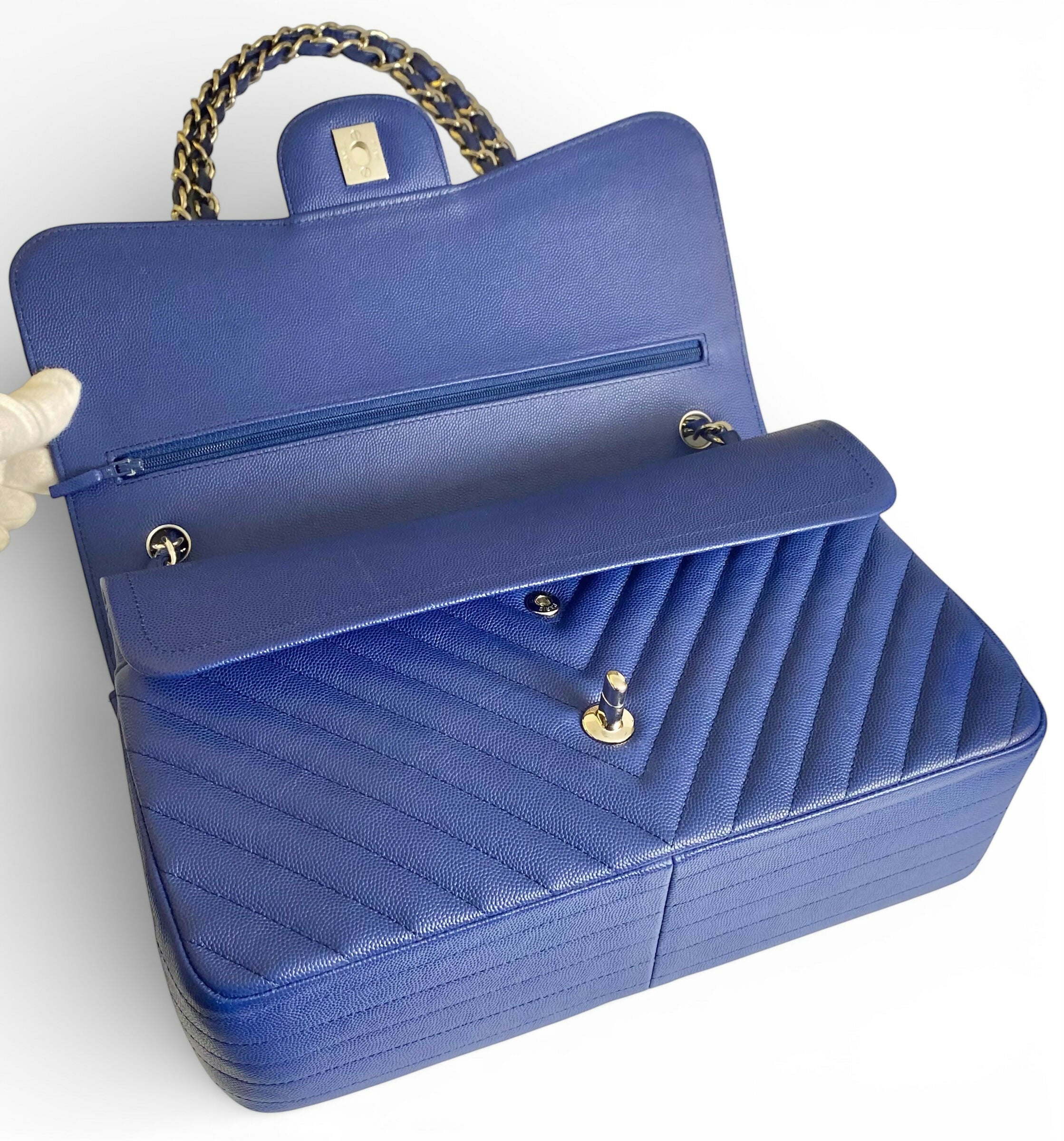 Chanel 2019 Caviar Royal Blue Jumbo Chevron Double Flap Timeless Classic Bag SHW