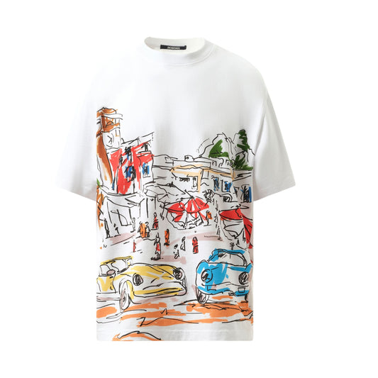 Le T-Shirt Largo Capri Cars Print in White