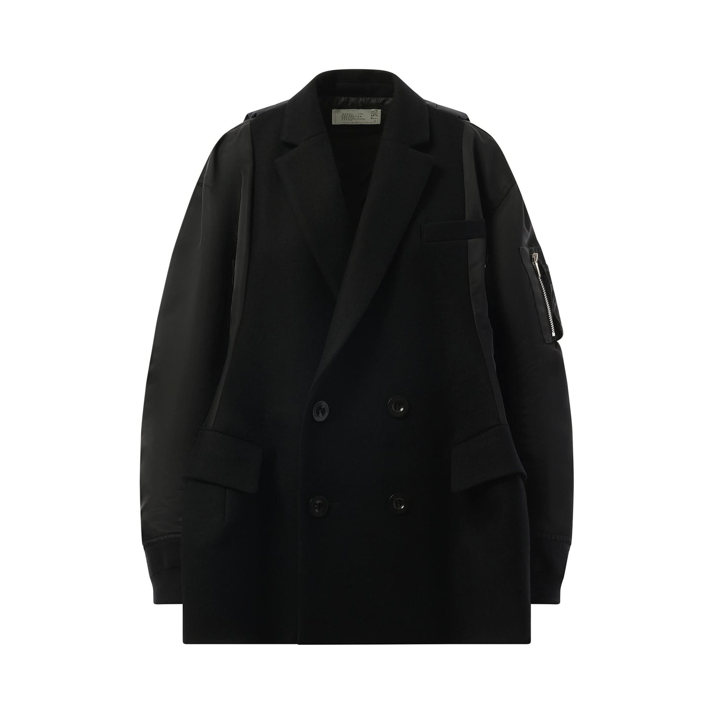 Wool Melton x Nylon Twill Quilted Coat in Black