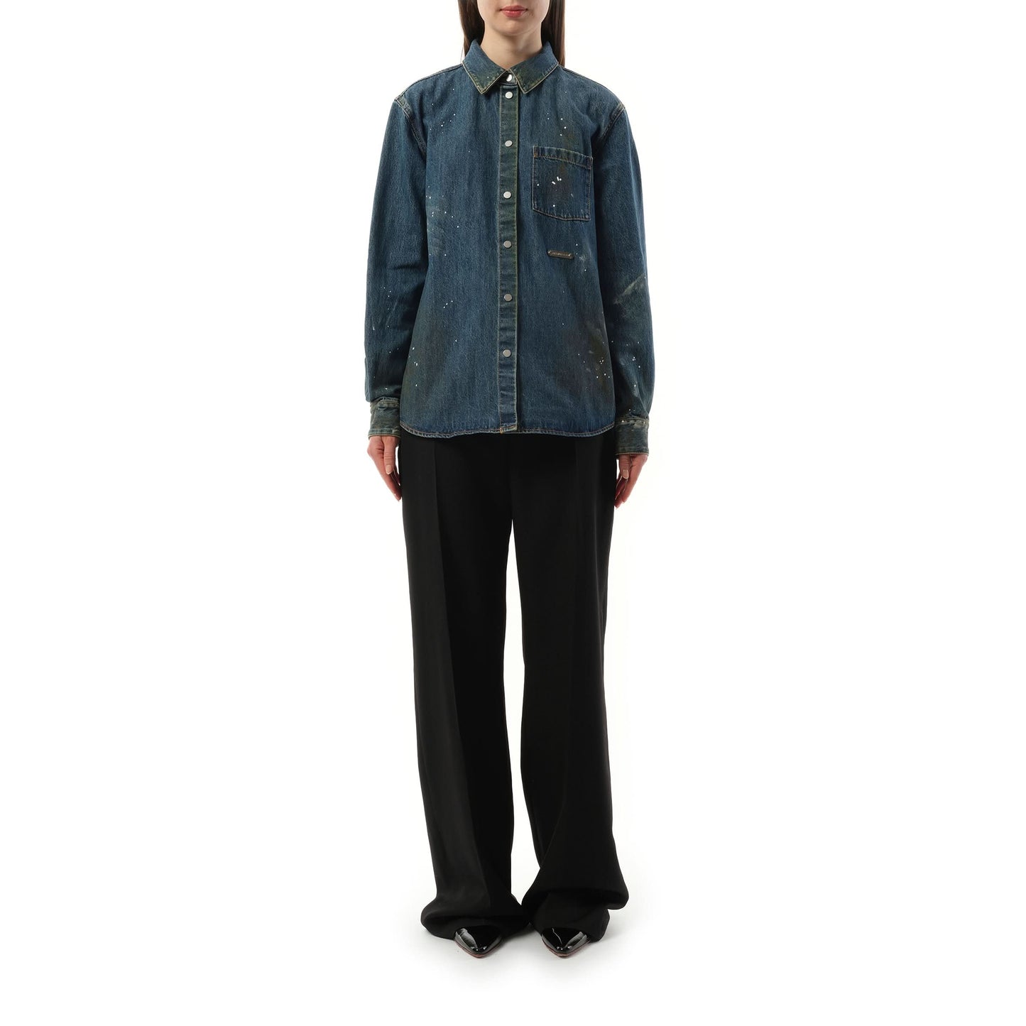 Women Painted Denim Shirt in Mid Indigo