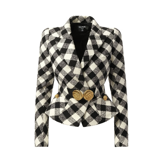 2 Button Escargot Belted Vichy Tweed Jacket in Black/White