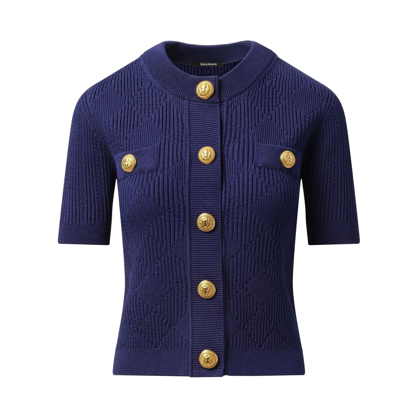 Buttoned 2 Pockets Vichy Knit Cardigan in Midnight Blue