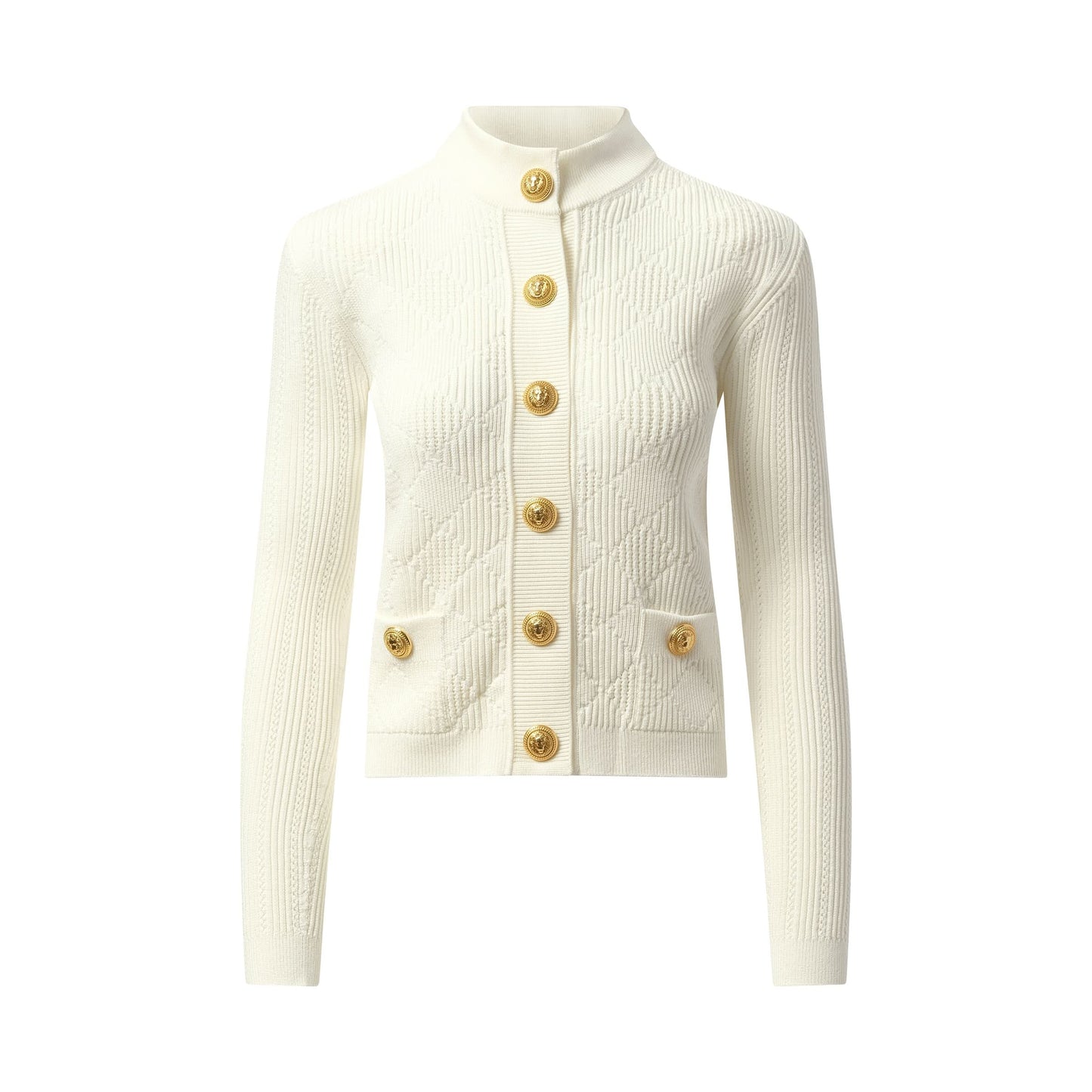 Buttoned 2 Pockets Vichy Knit Cardigan in White